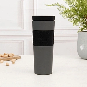 600 ML vacuum insulated thermal mug with 360 degree push button lid , mug body with silicone band